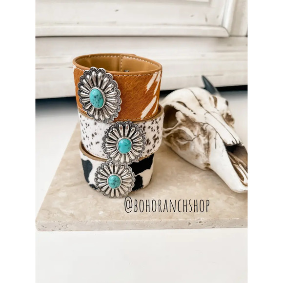 Cowhide Concho Bracelets Hair On Cowhide Genuine Leather Brown Grey Speckle - Picture 7 of 11